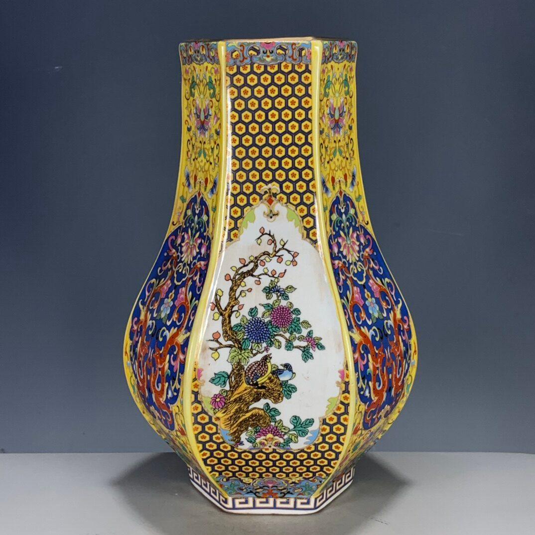 景徳鎮 彩蒔花花多稜花瓶 陶磁器 装飾品 現代工芸品 美術品 置物