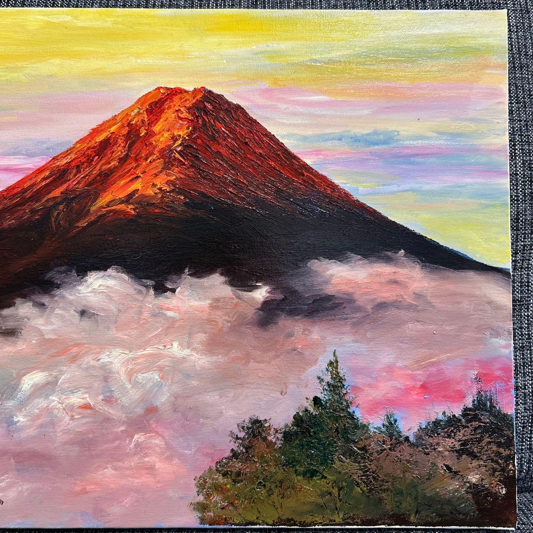 島本良平作　【赤富士】　油絵　F6号　自然風景　縁起物