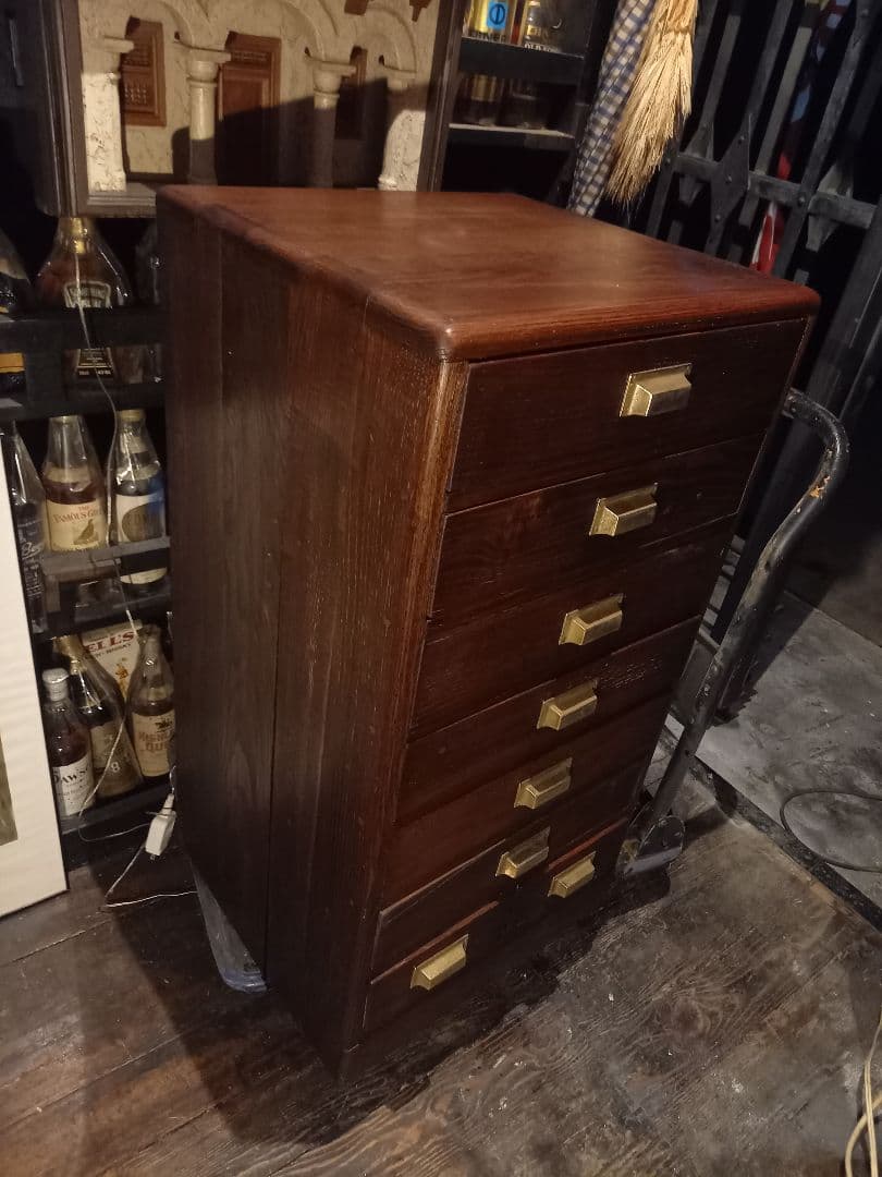 1950's　ヴィンテージ　ドロワー　欅　無垢材　継ぎ組み　細工　真鍮　金具