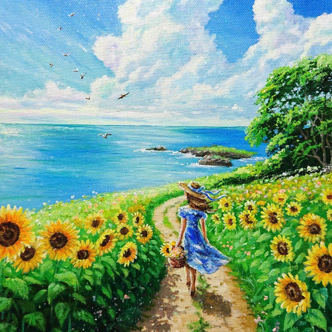 【海へ続く道】アクリル画 F3 風景画 絵画