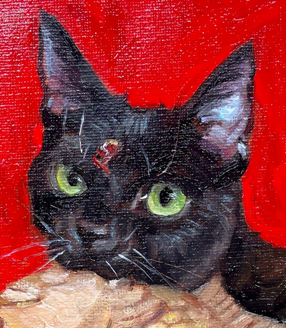 黒猫と鯛焼き　油彩画 絵画　原画　オリジナル　油絵