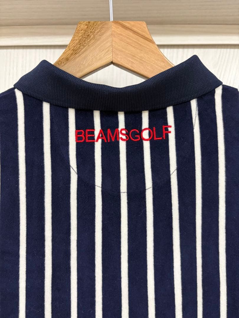 BEAMS GOLF ビームスゴルフ パール付き ベロア調長袖ポロシャツ M 紺