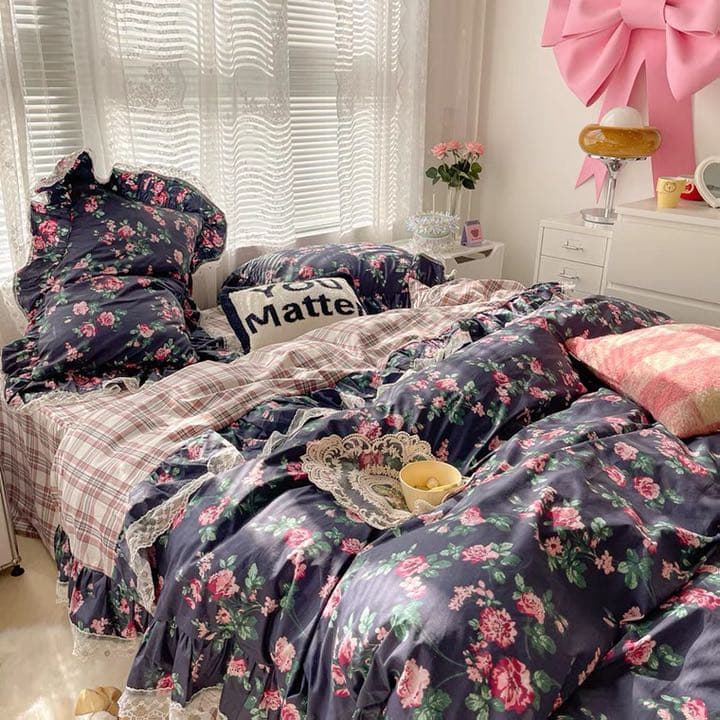 寝具3点セット 掛け布団カバー オシャレ レース 姫系　花柄　シングル　ダブル