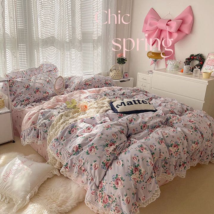 寝具3点セット 掛け布団カバー オシャレ レース 姫系　花柄　シングル　ダブル