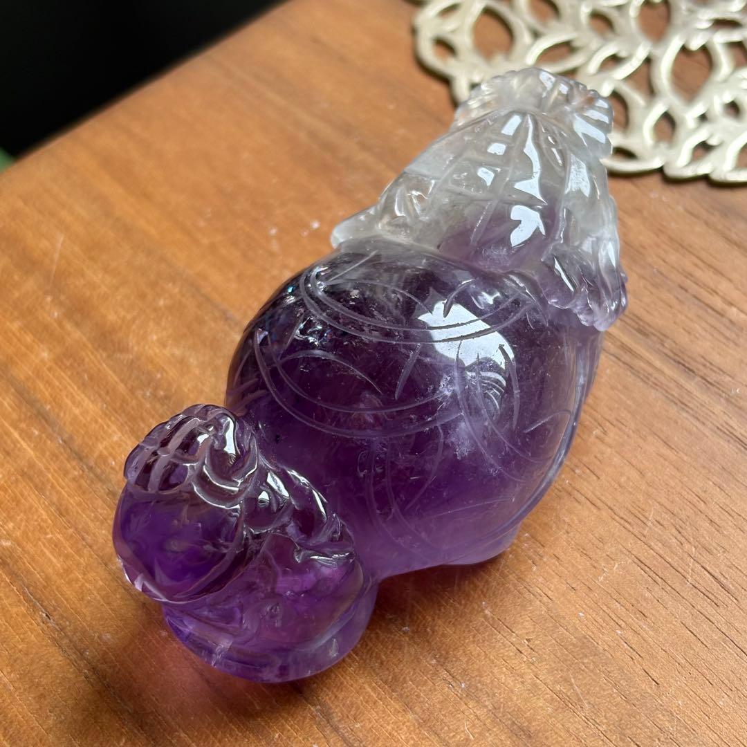 高品質 アメジスト 手彫りの龍亀（ロングイ）置物129g