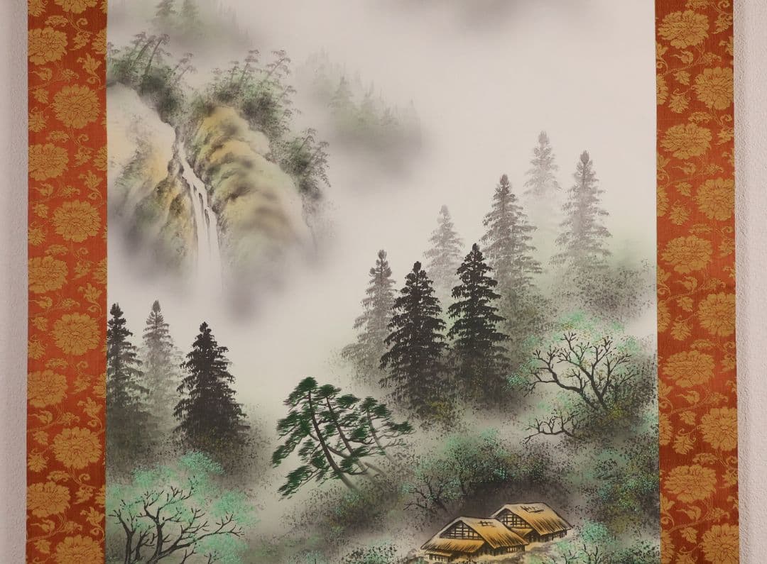 【真作】日本画 寿山 招福山水図 絹本 掛軸 青緑 彩色 福の神 MB158