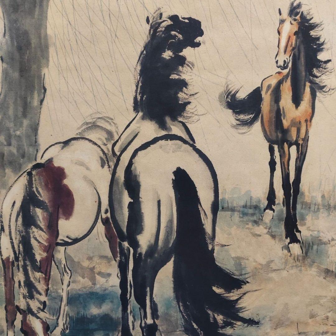 徐悲鸿 骏三骏图 中国画 掛け軸 水墨画 和室 玄関 茶室 壁掛け 美術品