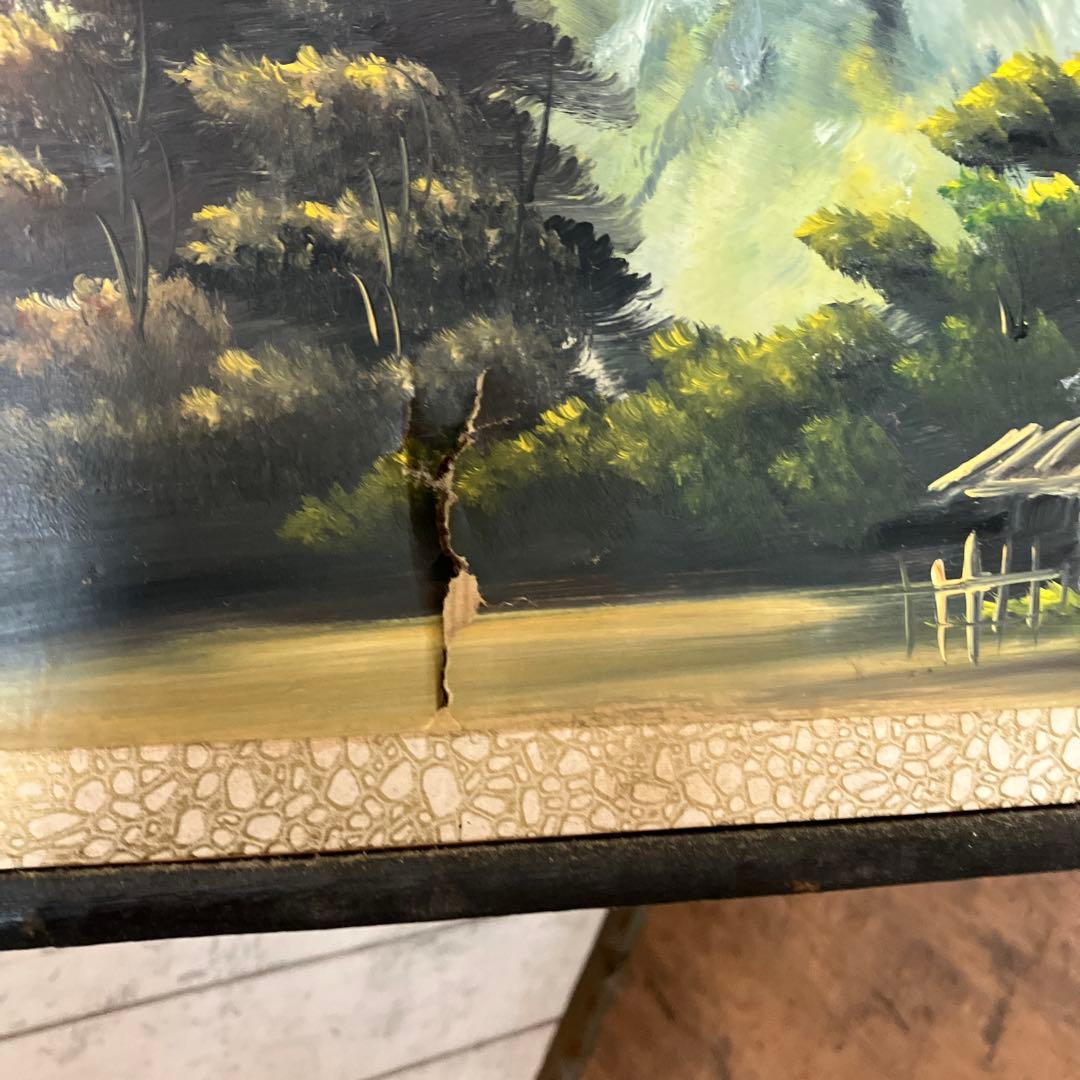 【希少ワイドサイズ】昭和レトロ 風景画 額装済み 古民家と山々 アートパネル
