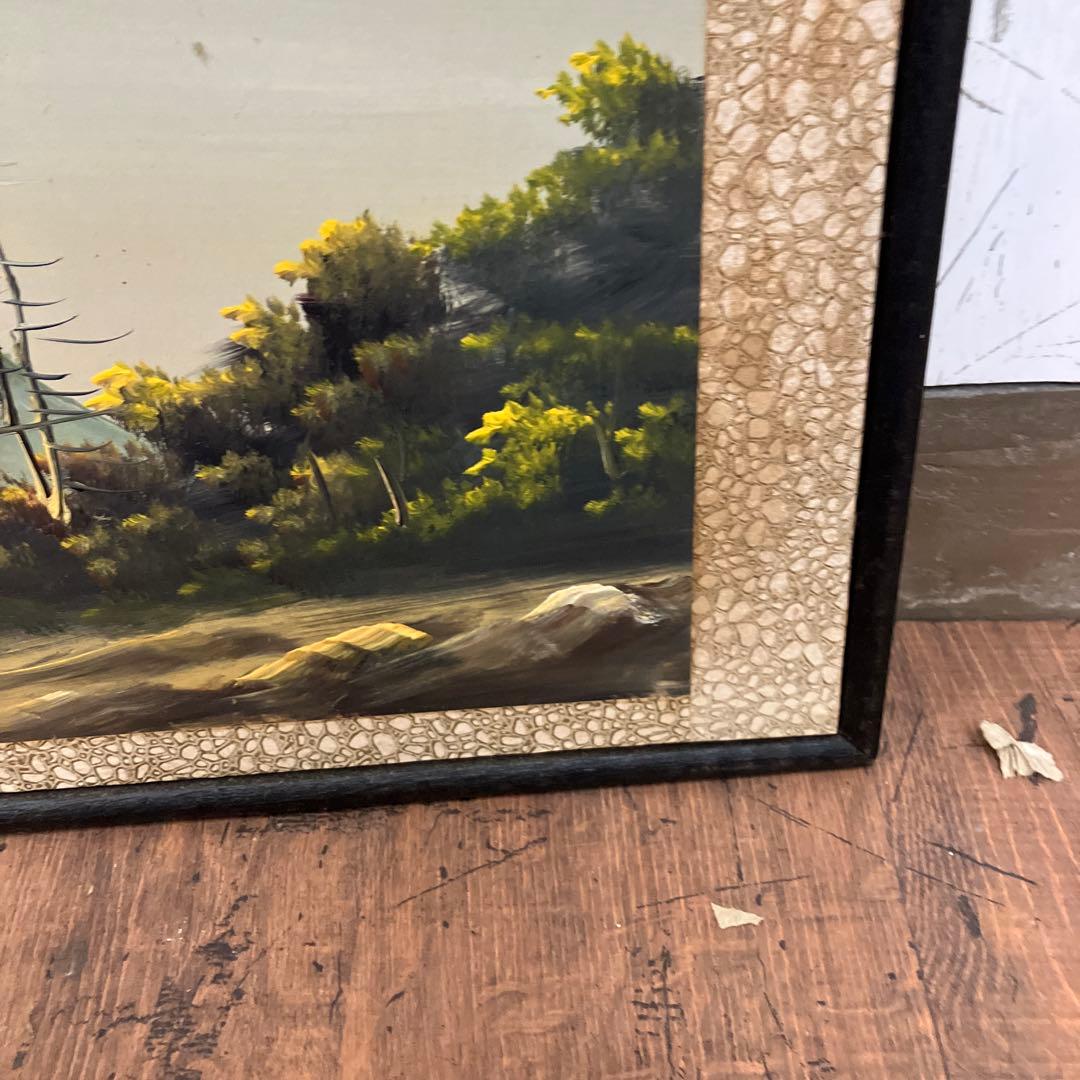 【希少ワイドサイズ】昭和レトロ 風景画 額装済み 古民家と山々 アートパネル