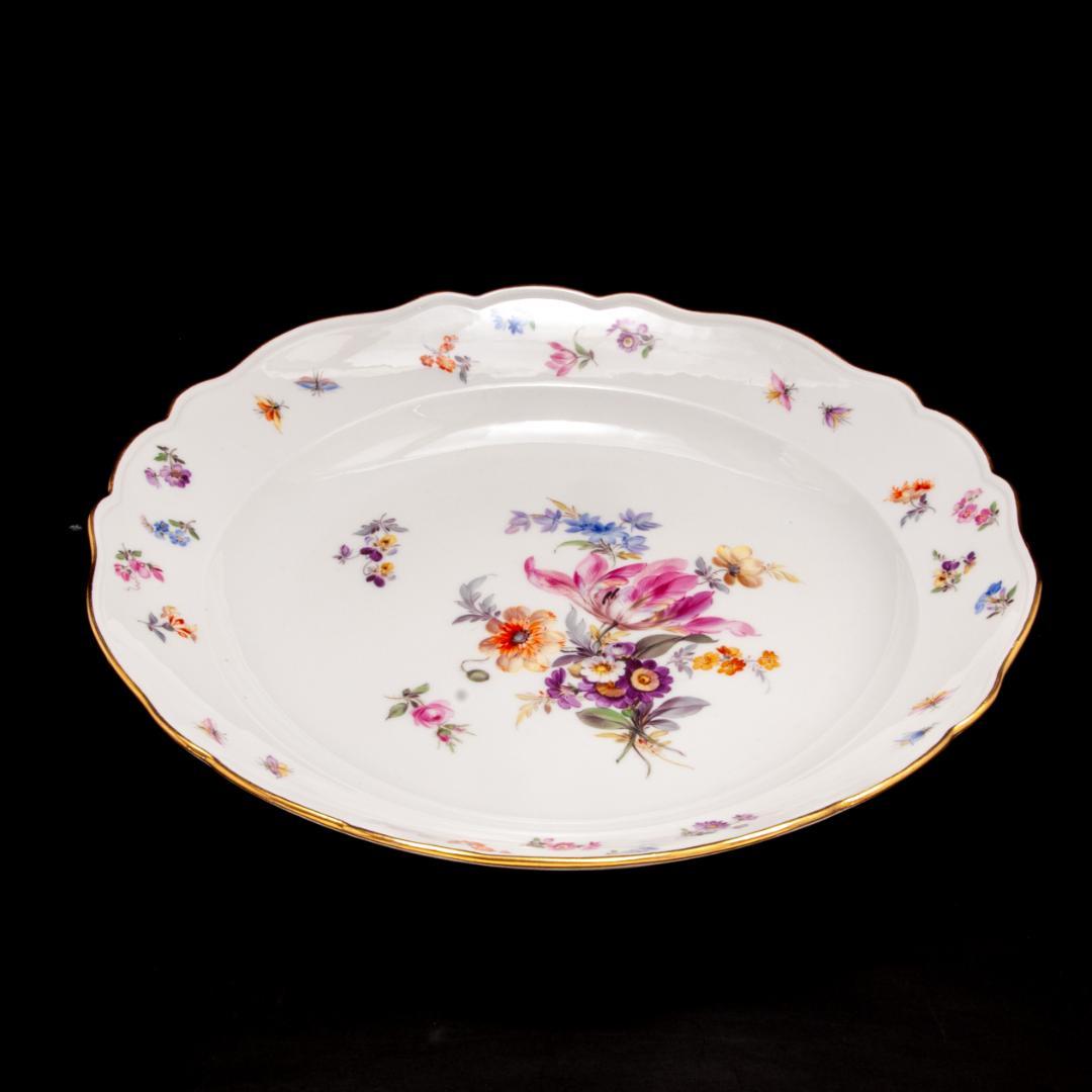 古マイセン 金彩 花のブーケと虫の絵付け 19C末 大皿 直径 34cm