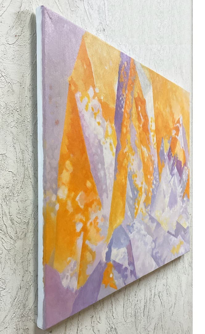 絵画 859 油絵/抽象画風/自然のパターン/天然水晶/オレンジ/紫/P15号