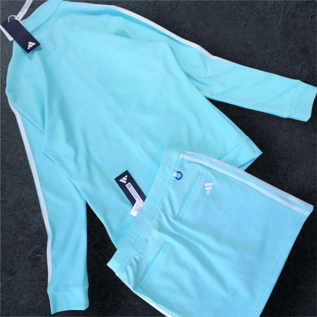 新品 adidas golf セットアップ モックネック リブ素材 クリアアクア