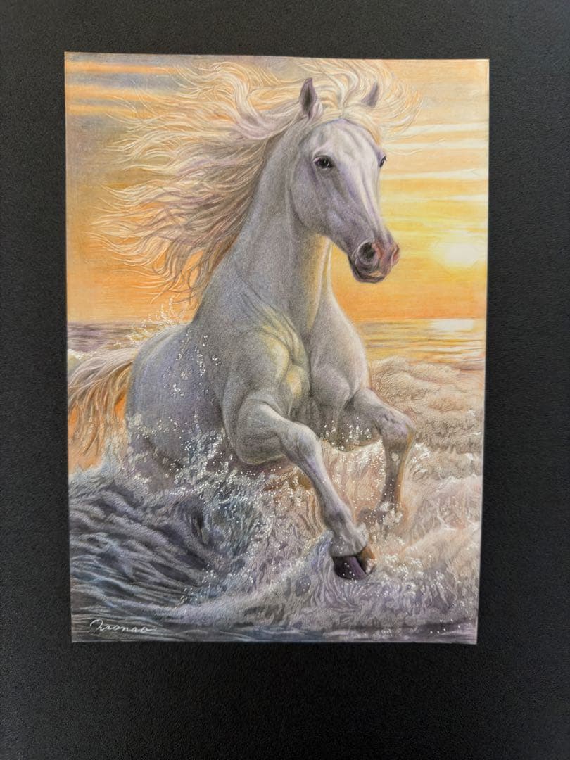 色鉛筆画 A4 波を越える白馬