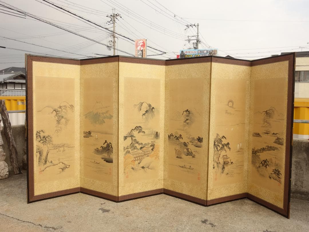 【中古】K▼屏風 六曲 一隻 人物山水風景図 (39803)