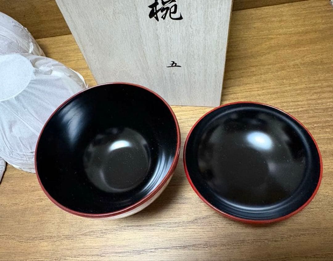 会津塗 吸物椀 朱 結び松葉 5客