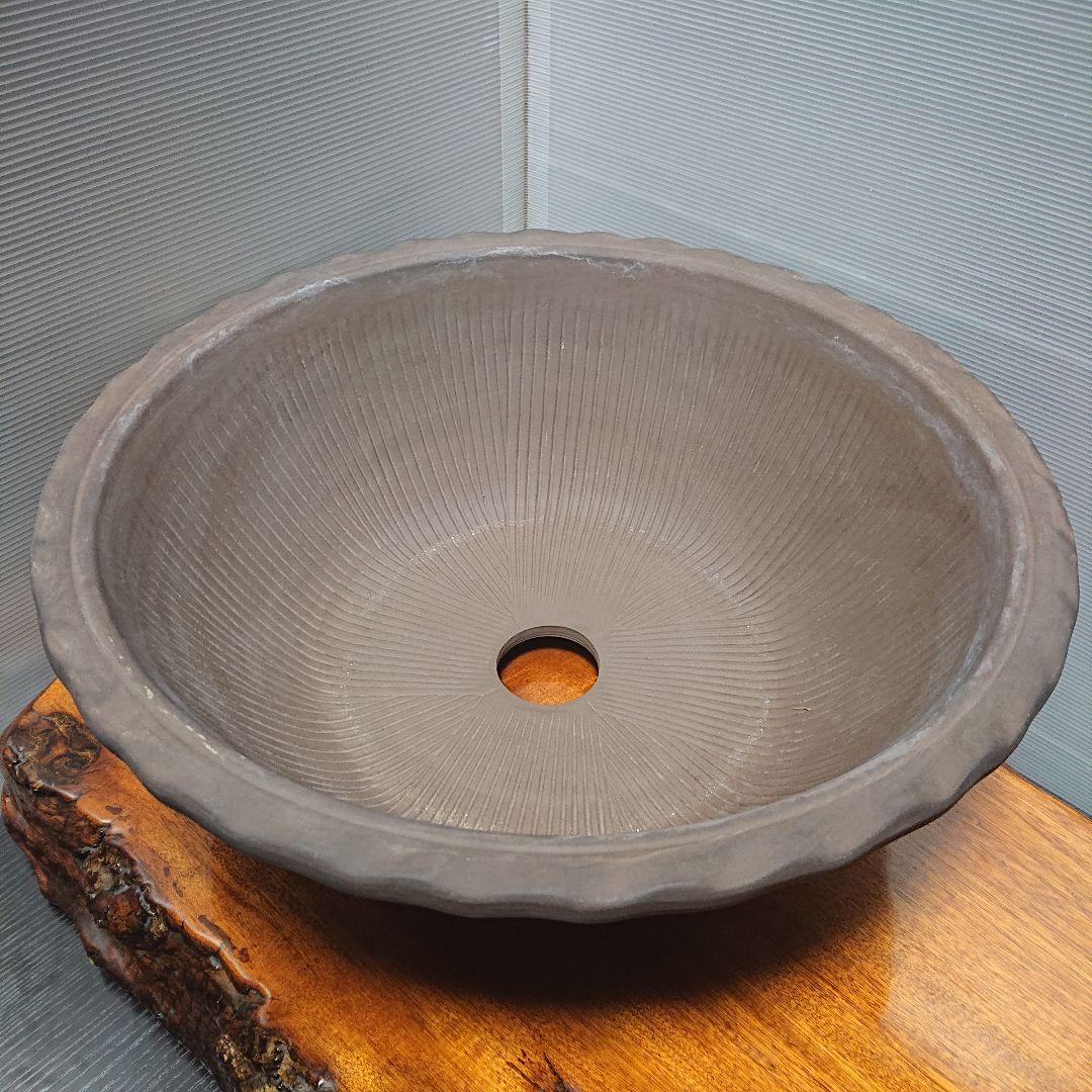 丸型 盆栽鉢 大型 特大 陶器製 竹林 彫刻 山村風景 植木鉢 bonsai