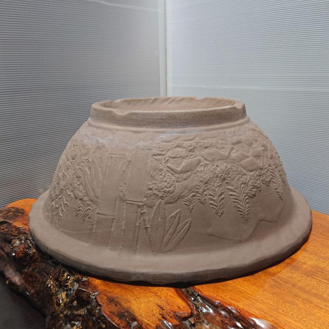 丸型 盆栽鉢 大型 特大 陶器製 竹林 彫刻 山村風景 植木鉢 bonsai