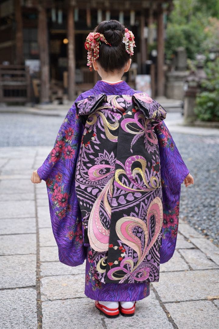七五三着物セット　7歳　黒色　紫色　だらり帯　ぽっくり　舞妓　個性的
