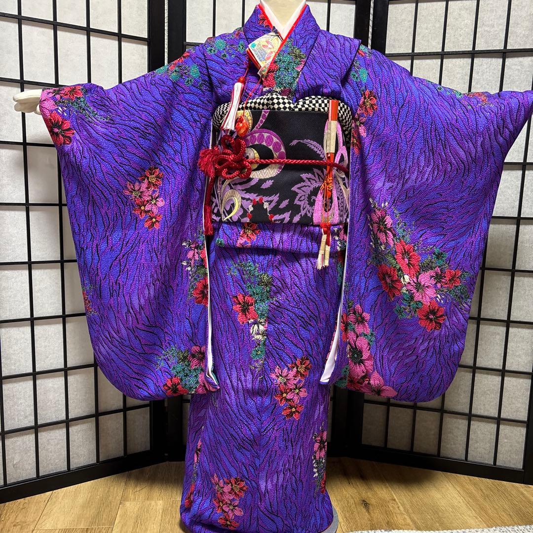 七五三着物セット　7歳　黒色　紫色　だらり帯　ぽっくり　舞妓　個性的