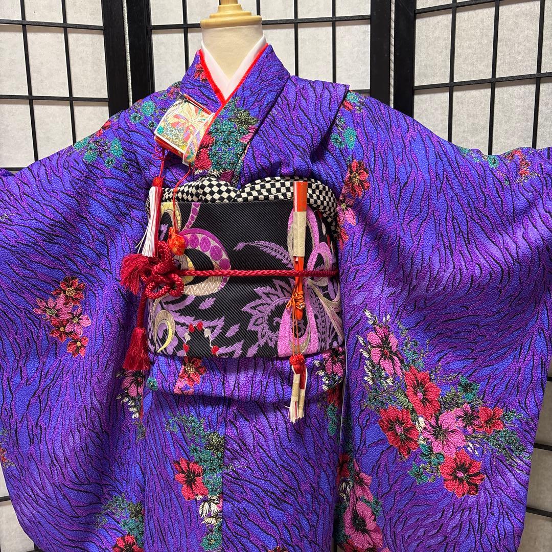 七五三着物セット　7歳　黒色　紫色　だらり帯　ぽっくり　舞妓　個性的