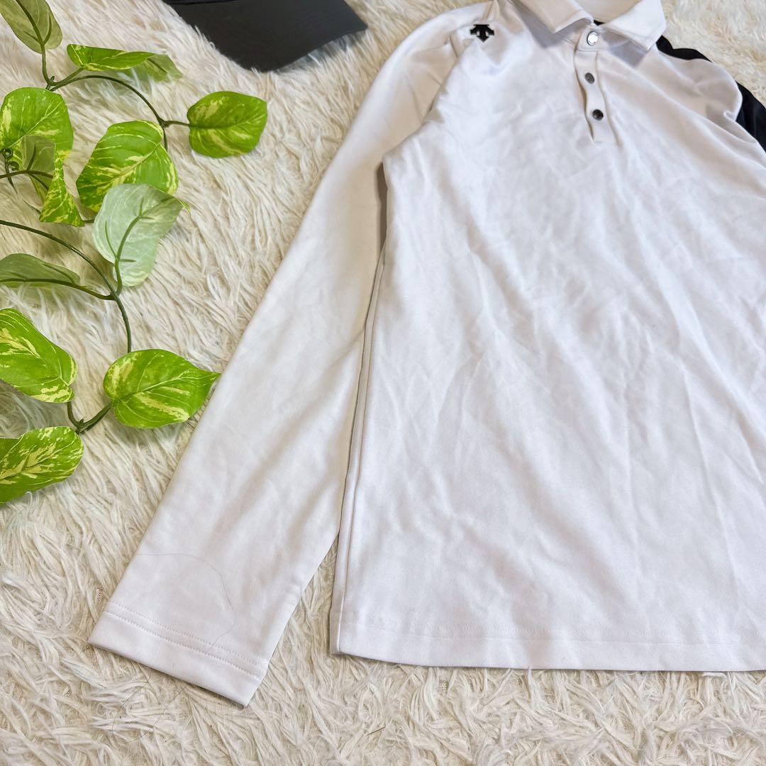 【デサントゴルフ】美品 ポロシャツ ホワイト サイドロゴ 長袖 Lサイズ メンズ