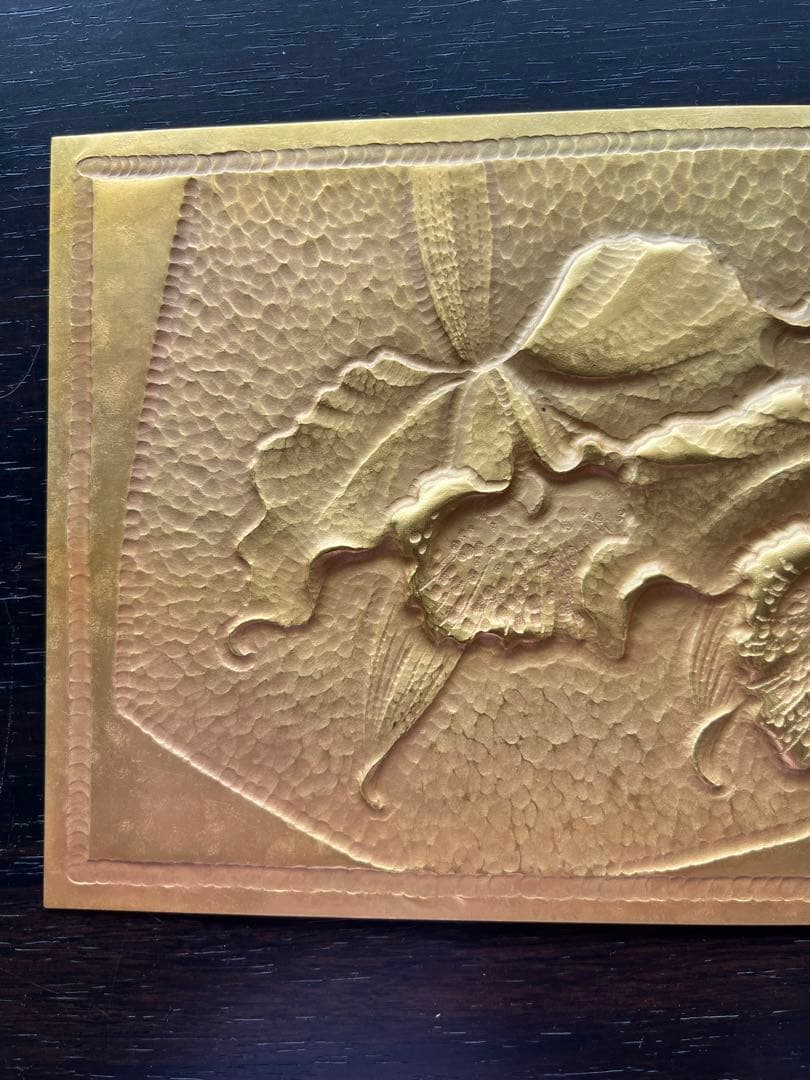 金　彫金　昭和レトロ 蘭の花金銅板彫刻 木製フレーム 額縁 アート インテリア