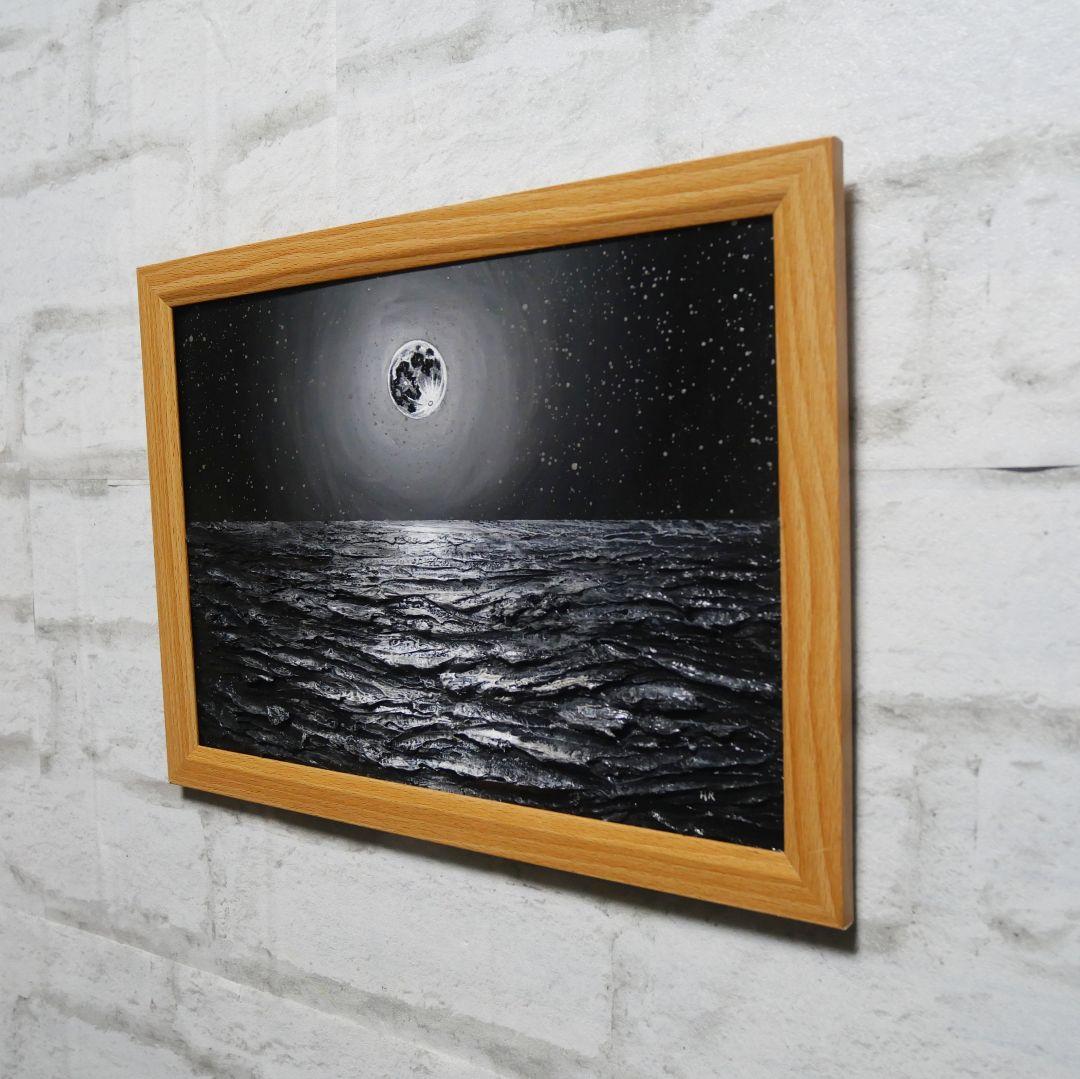 油絵 油彩 油彩画 絵 絵画 【白黒の満月と星空の海】