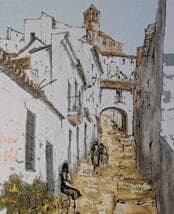 【真作】絵画　アクリル画8号　白壁の街角　ヨーロッパ風景画　スペイン風　Y10