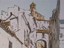 【真作】絵画　アクリル画8号　白壁の街角　ヨーロッパ風景画　スペイン風　Y10