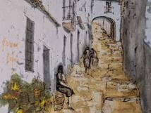 【真作】絵画　アクリル画8号　白壁の街角　ヨーロッパ風景画　スペイン風　Y10