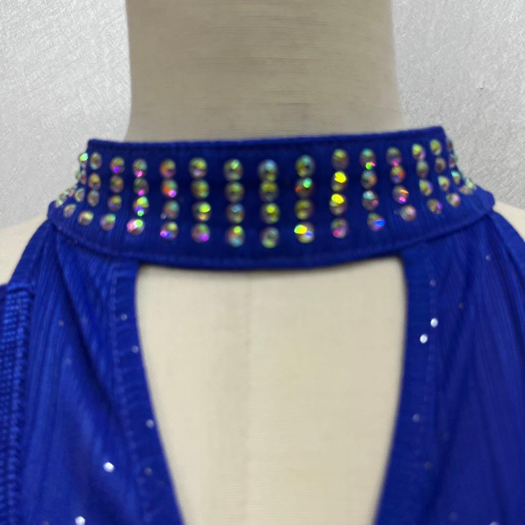 新品 社交ダンス ラテンドレス ロイヤルブルー フリンジ サイズM パンツ付き