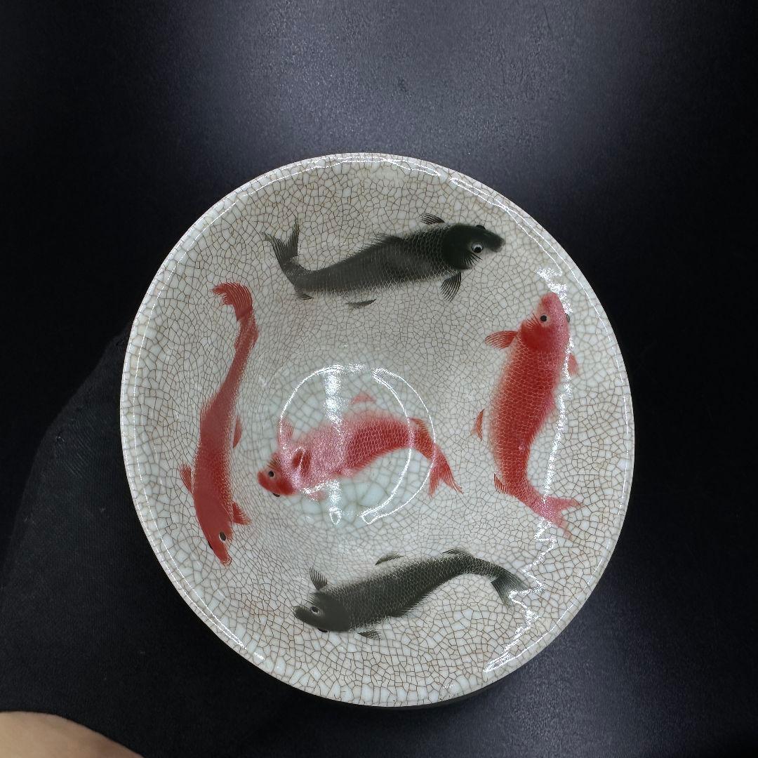 L110 開片魚紋笠対碗文玩陶磁器 アンティーク