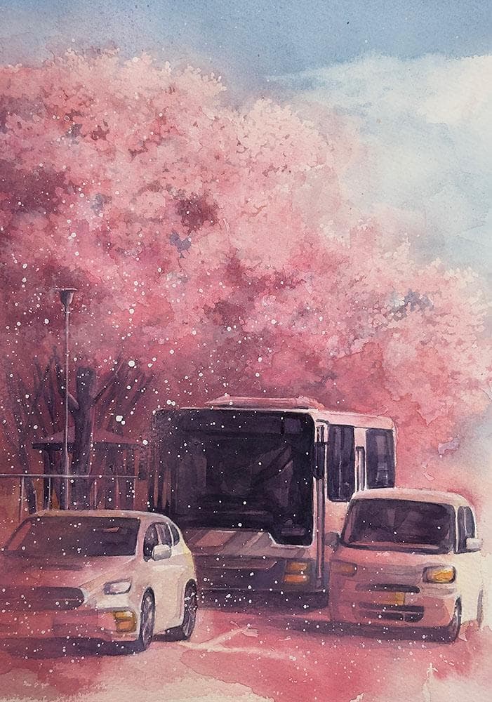 水彩アート「春の交差点」手描き、1点物、真筆。