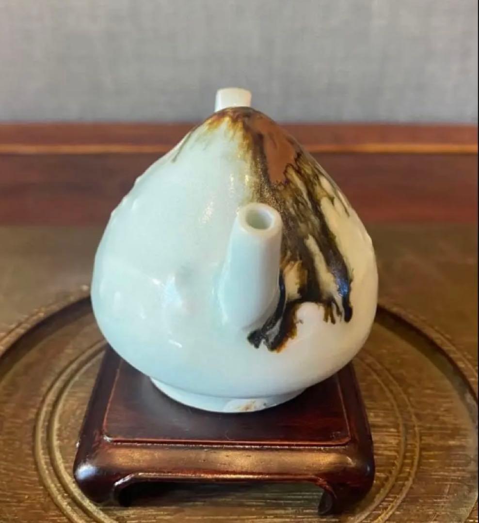 アンティーク・李朝・白磁鉄砂・水滴・梅花　唐木鑑賞台座付・２点セット　　レア
