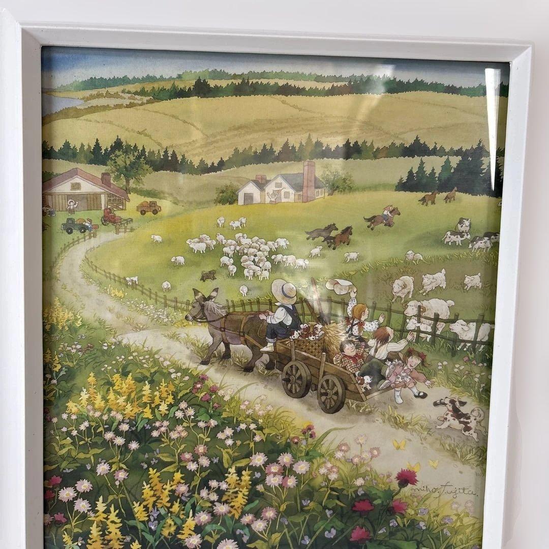 藤田三歩 牧場のごあいさつ 額装 絵画 風景画 メルヘン アート インテリア