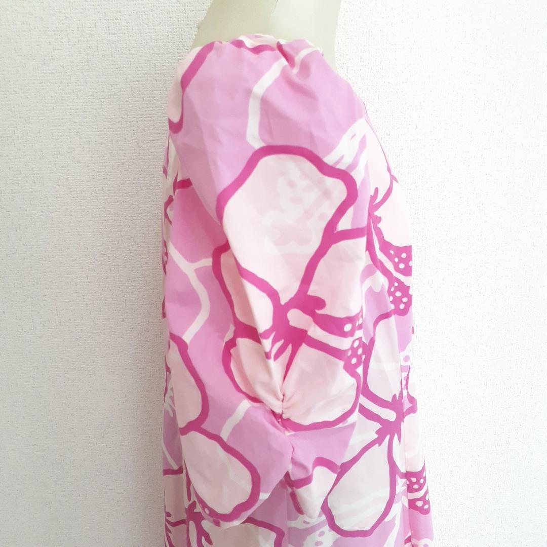 美品◎メネフネプランテーション フラダンス用ドレス ピンク 桃色 ハイビスカス柄