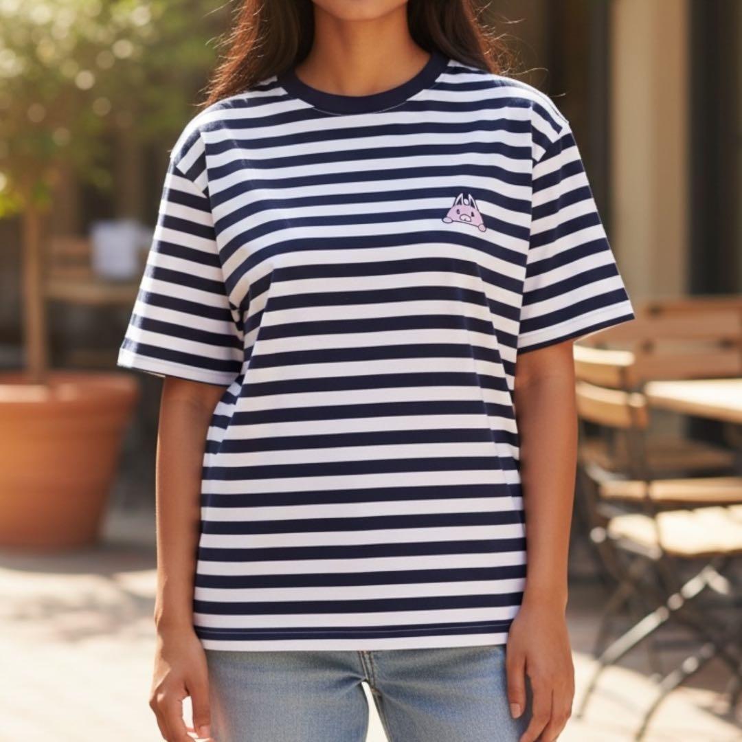 M062【新品】星たぬきボーダーTシャツ 半袖　ネイビー✕白