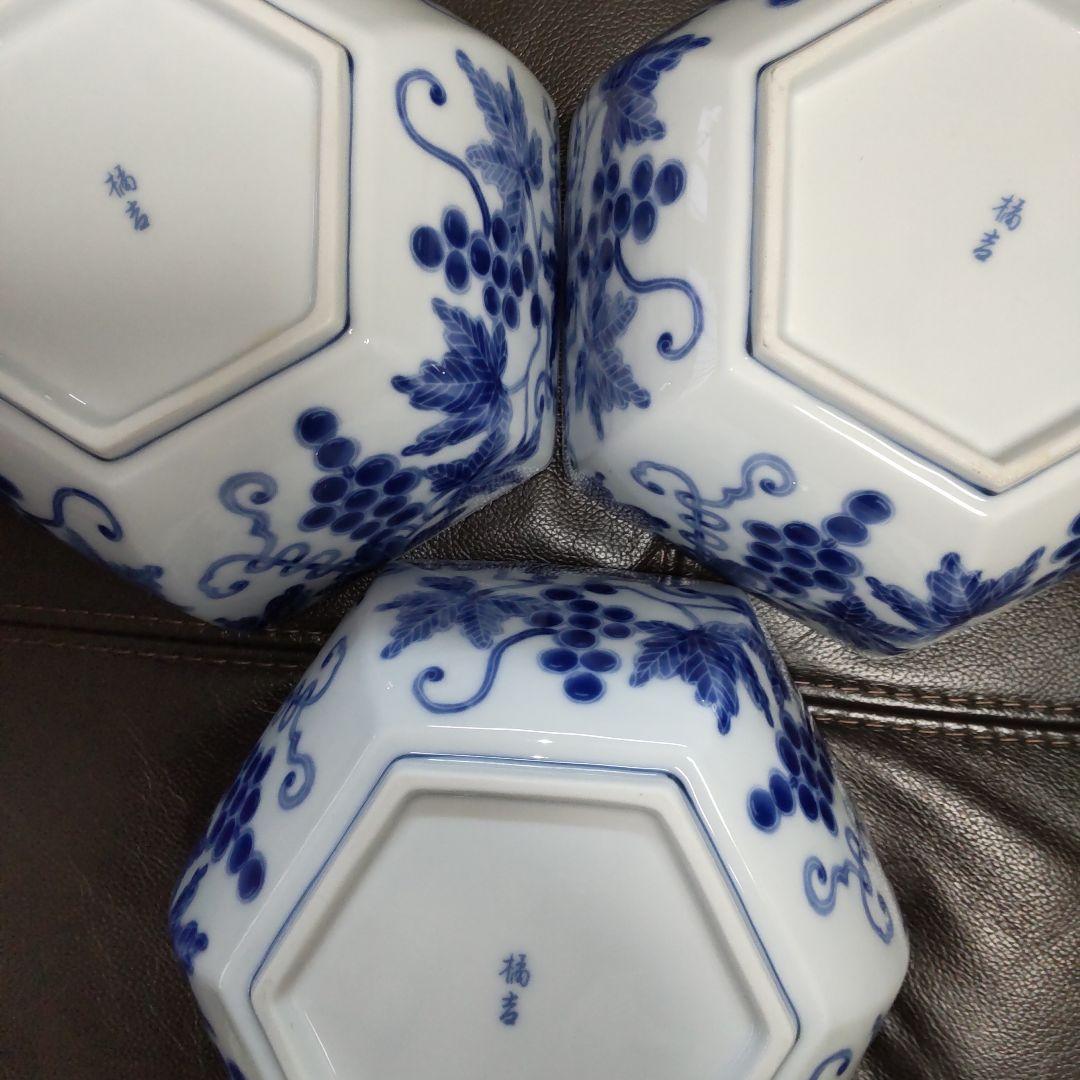 たち吉ぶどう絵柄盛鉢・六角深皿　和食器　陶器サラダ鉢菓子器 たち吉　三鉢セット
