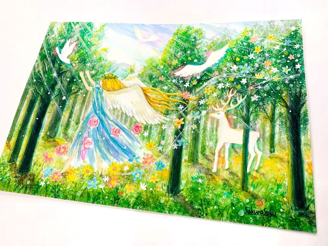 【森の音色に誘われて】絵画 ,原画,天使,森,緑,angel,樹木,光,白鹿,鳥
