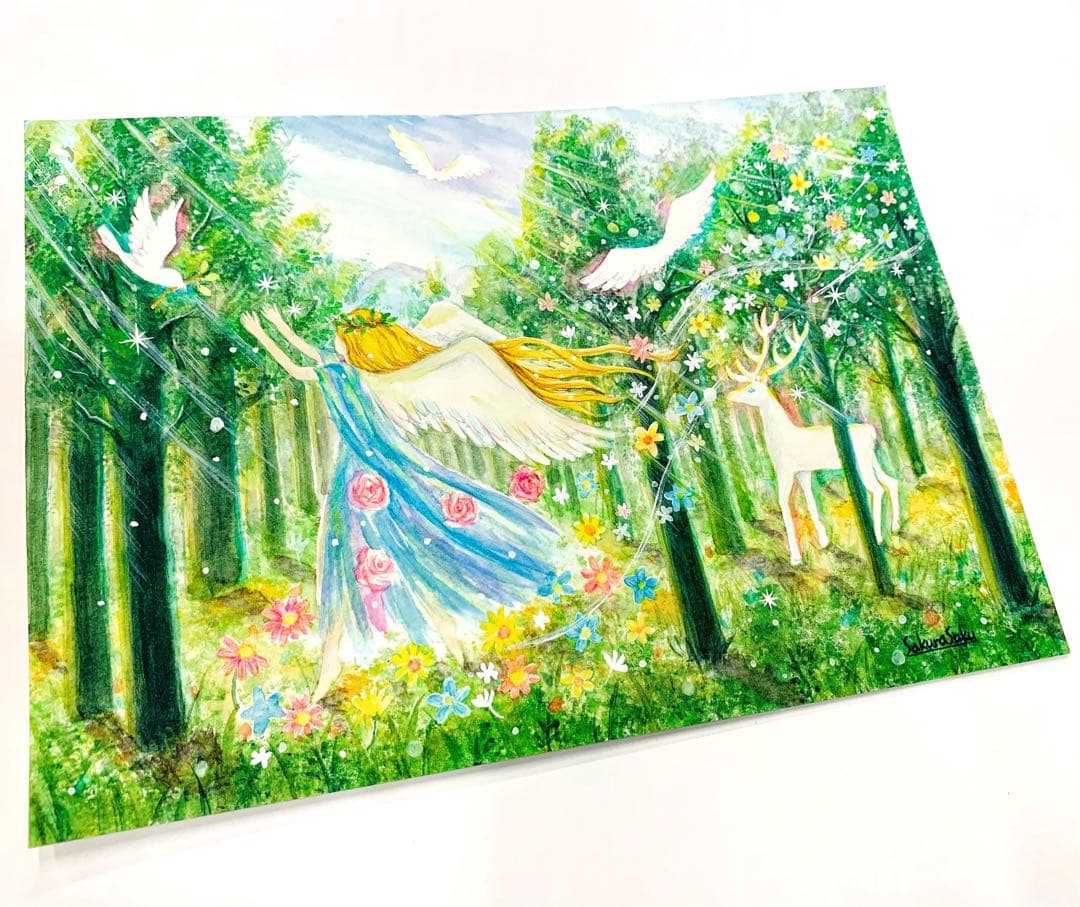 【森の音色に誘われて】絵画 ,原画,天使,森,緑,angel,樹木,光,白鹿,鳥