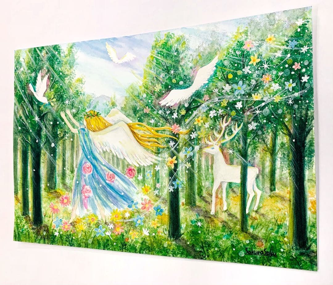 【森の音色に誘われて】絵画 ,原画,天使,森,緑,angel,樹木,光,白鹿,鳥