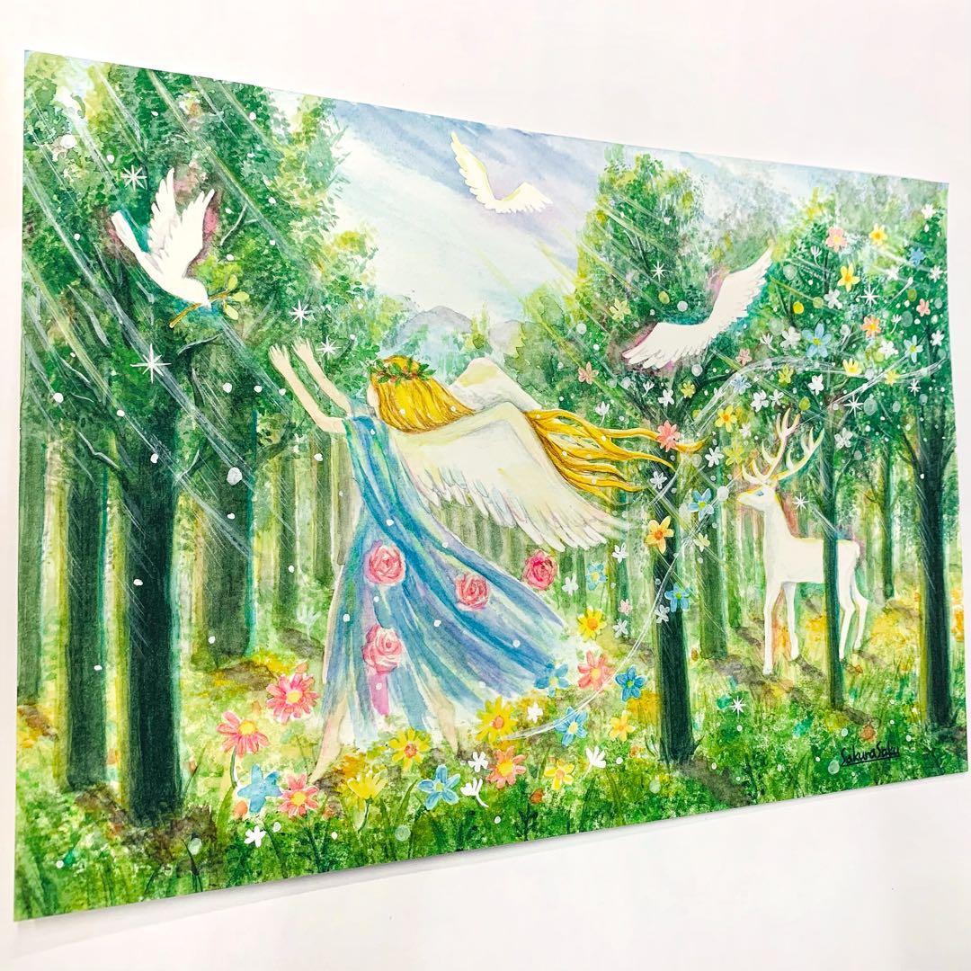 【森の音色に誘われて】絵画 ,原画,天使,森,緑,angel,樹木,光,白鹿,鳥