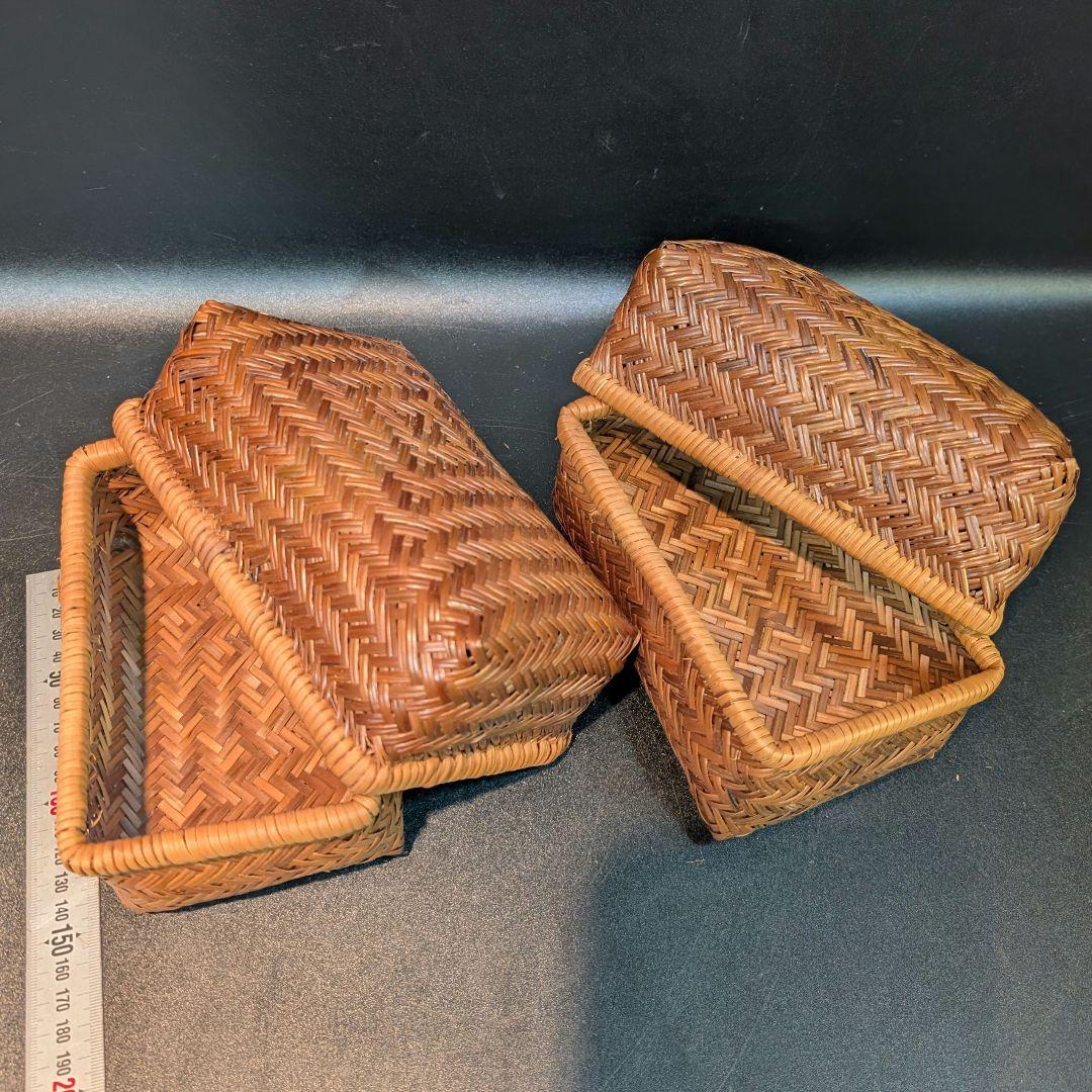竹籠 2個まとめ売 おにぎり籠 行李 お弁当箱 竹細工 昭和レトロ 網籠 飯行李