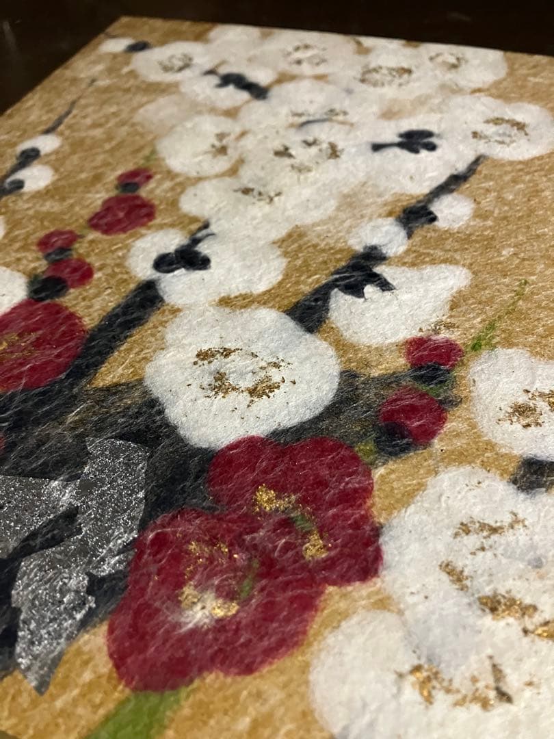 山内一生　紅白梅　和紙　貼り絵　小原和紙工芸　栞　落款