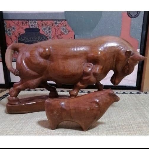 牛　親子　子牛　親牛　木彫　骨董品　古美術　木製