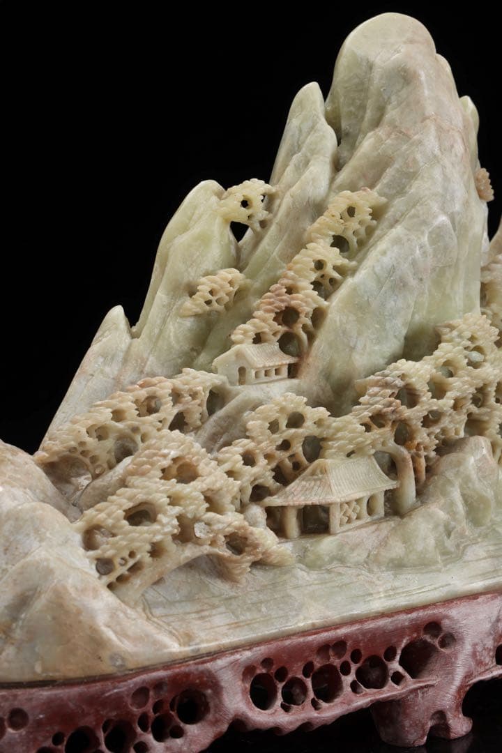 中国古美術 天然玉石 楼閣山水彫刻 置物 大型41cm 重量4kg 石彫刻 唐物