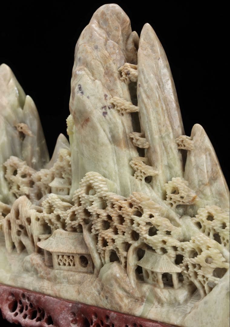 中国古美術 天然玉石 楼閣山水彫刻 置物 大型41cm 重量4kg 石彫刻 唐物