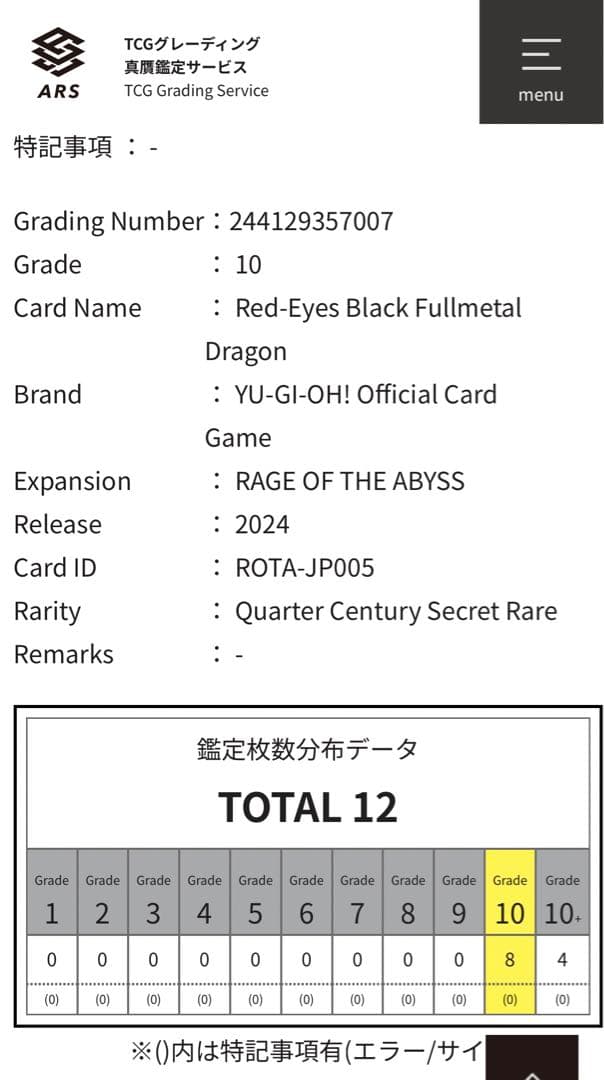 【ARS鑑定 10】レッドアイズブラックフルメタルドラゴン　25th 日版