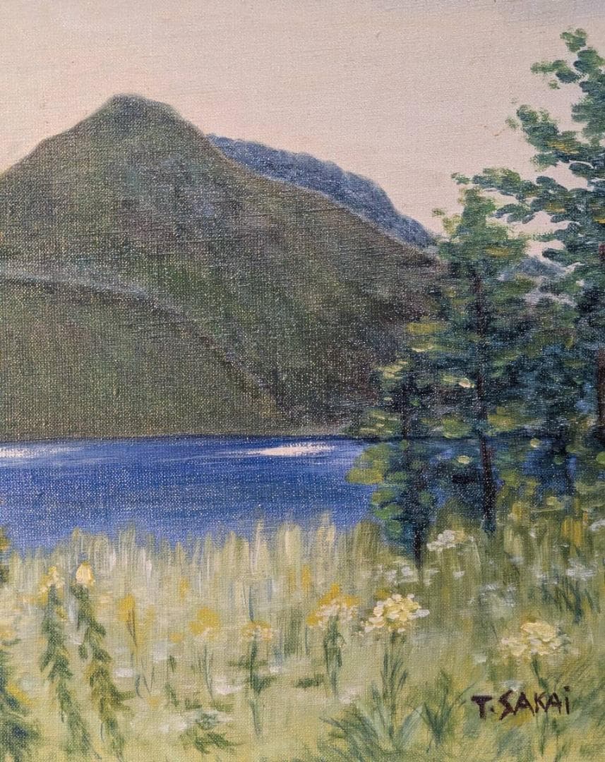 【真作】絵画　油彩8号　サイン入り 油彩風景画　湖と山の情景　Z136