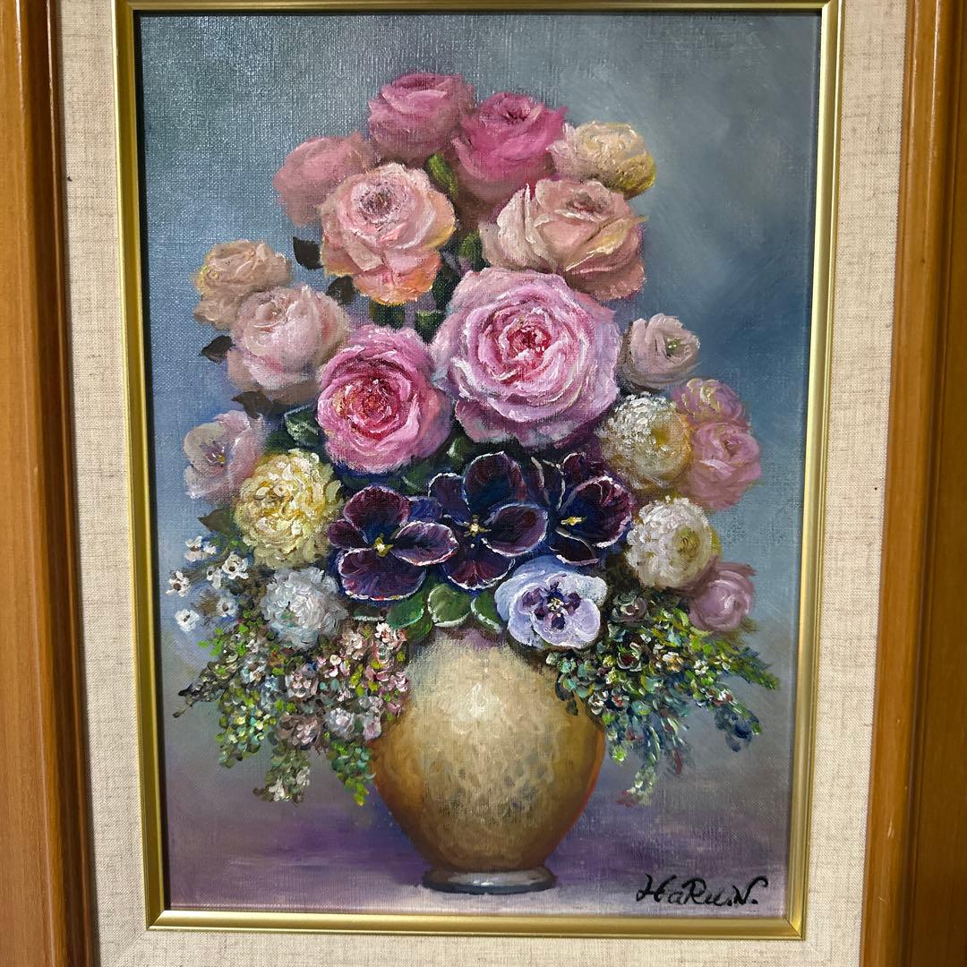 薔薇　中島敏春　油彩　静物画　肉筆　絵画　美術品　インテリア　額縁
